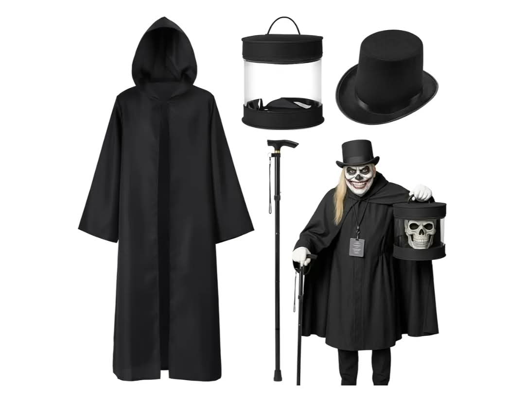 4pcs Halloween Adult Ghost Costume Cosplay for Men Full Set Haunted Hat Costume Outfits with Black Cape, Black Magician Hat, Large Felt Box, Cane for Outfit Party