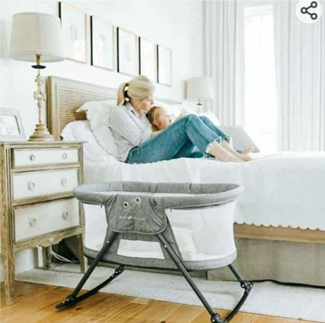 Baby Deluxe Rocking Bassinet, Portable Baby Bassinet, Removable Canopy, Charcoal Tweed - Image 7