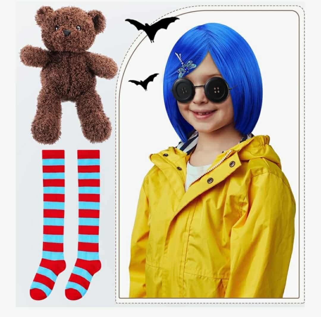 5 Pcs Women Cosplay Wig Blue Short Straight Hair Wig Red Blue Stocking Bear Doll Button Glasses, Coraline Jones - Image 3