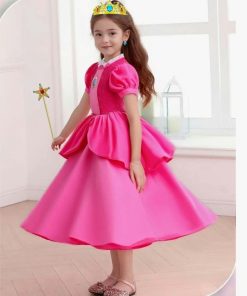 Alternative view of Princess Peach Costume for Girls Halloween Carnival Cosplay Party Dress Pink, Size chart in post,  size 150 (9-12 years)