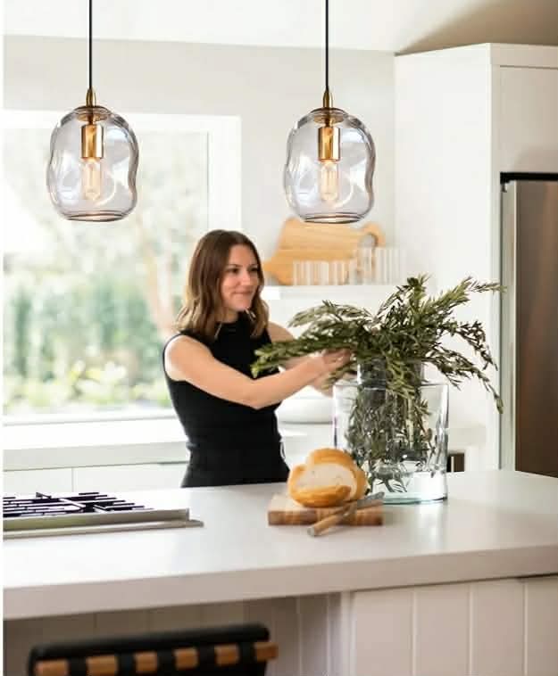 CASAMOTION 8in Modern Glass Pendant Light Kitchen Island Brass Gold Organic Globe Hanging Industrial Contemporary Style - Image 9