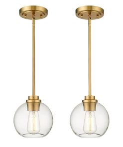 Brass Pendant Lights Kitchen Island 2 Pack, Farmhouse Gold Pendant Light with Clear Glass Globe Shade