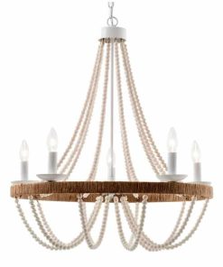 Wood Beaded Chandelier 5 Lights Boho Candle French Country Farmhouse Chandelier Bohemia, 26"