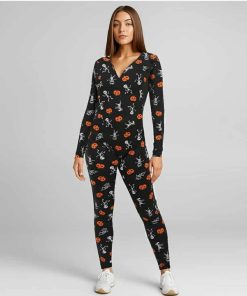 Women Pumpkin Skeleton One Piece Cute Pumpkin Skeleton Bodysuit Halloween Onesies For Girl, Medium