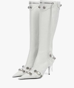 Knee High Boots for Women Stiletto Heel Studded Boots Pointed Toe Rivets Tassel Boot Sexy High Heel Punk Boots Zipper, Shoe Size 8.5