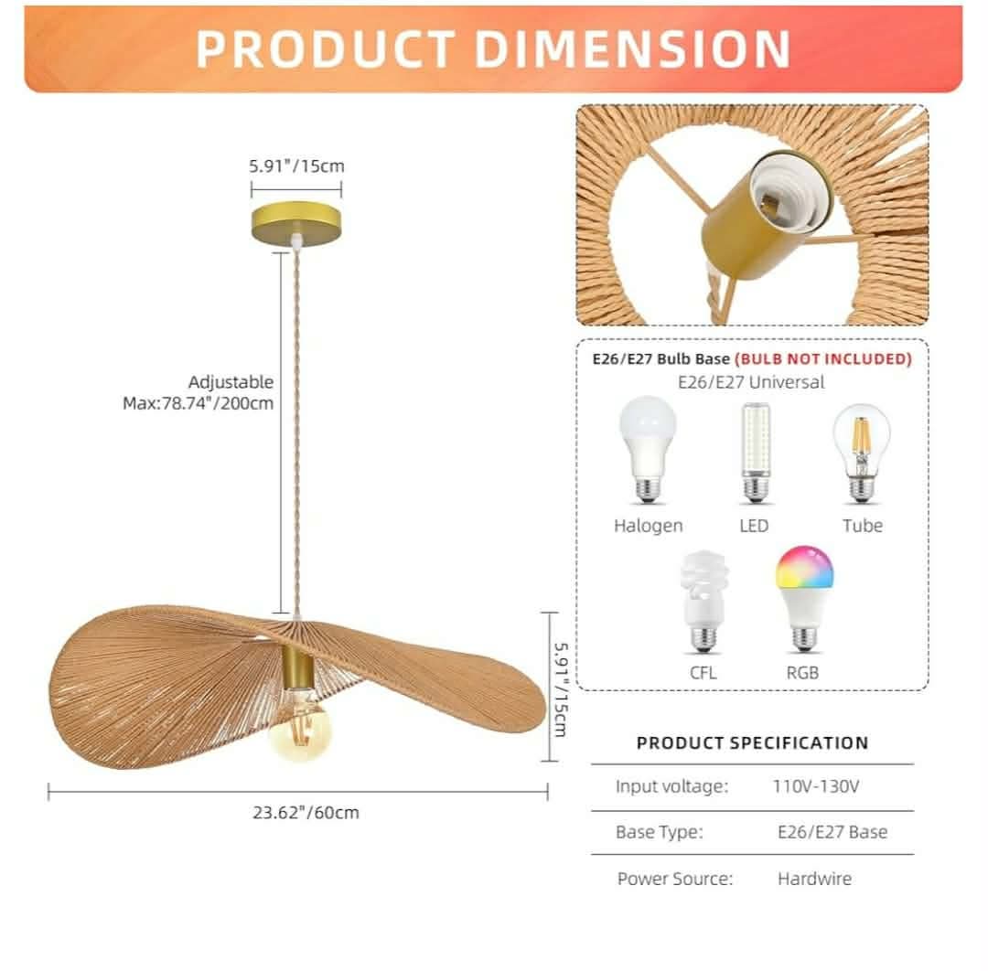 23.6" Modern Paper Chandelier Rattan Pendant Lighting Large Wicker Light Fixture - Image 11
