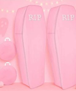 2 Pcs Halloween Cemetery Pop up Coffin with Lid, 60 Inch Collapsible Scary Fake Fabric Coffin Prop Life Size, for Graveyard, Halloween Decoration, Lawn, Party (Pink, Lifelike)