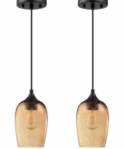 2 Pack 1 Light Hanging Indoor Kitchen Island Pendant Lights 5.1" Hand Blown Black Seeded Ancient Amber Glass