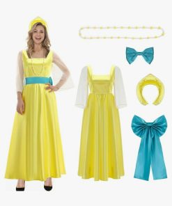Women Princess Dress Long Sleeve Yellow Gown Necklace Headwear Halloween Cosplay Costume Outfit, Medium