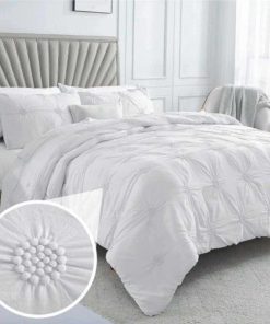 Full/Queen White Comforter Set - Ruched 3D Floral Pintuck Bedding Set