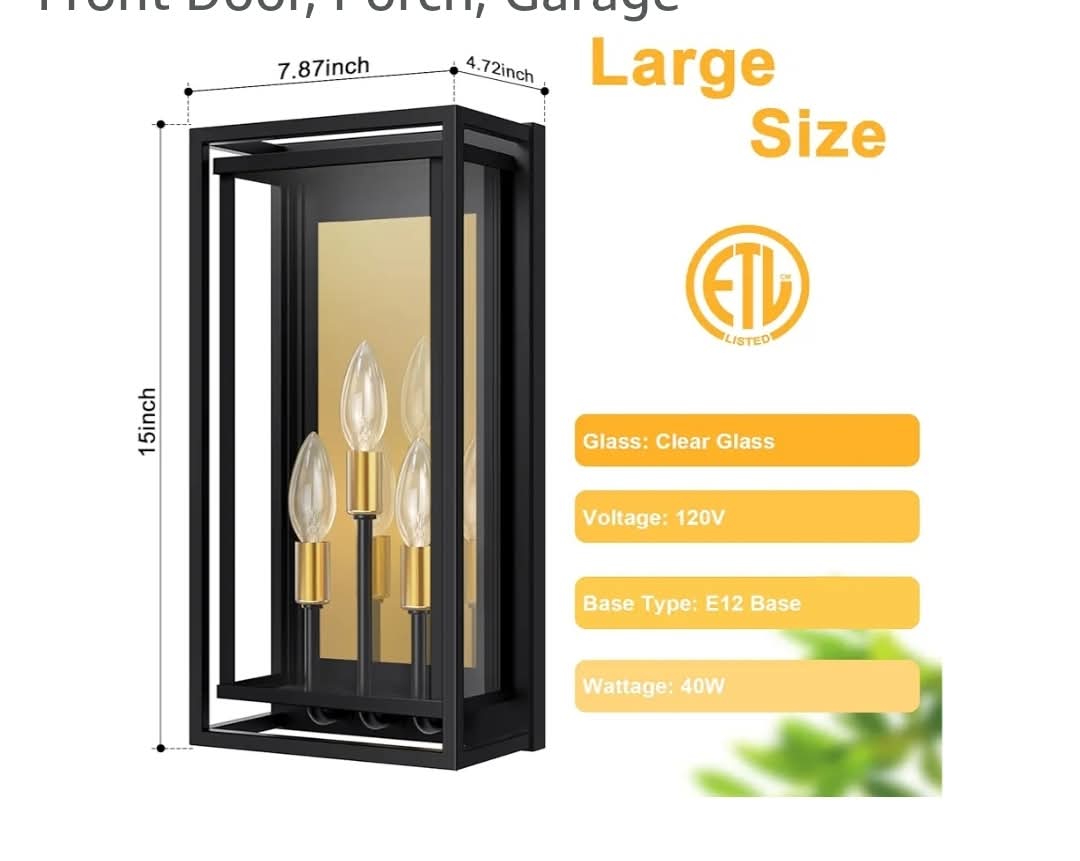 Large Outdoor Wall Lantern 3-Light, 15" Large Outside Sconce, Modern Black Wall Light Fixture - Image 3