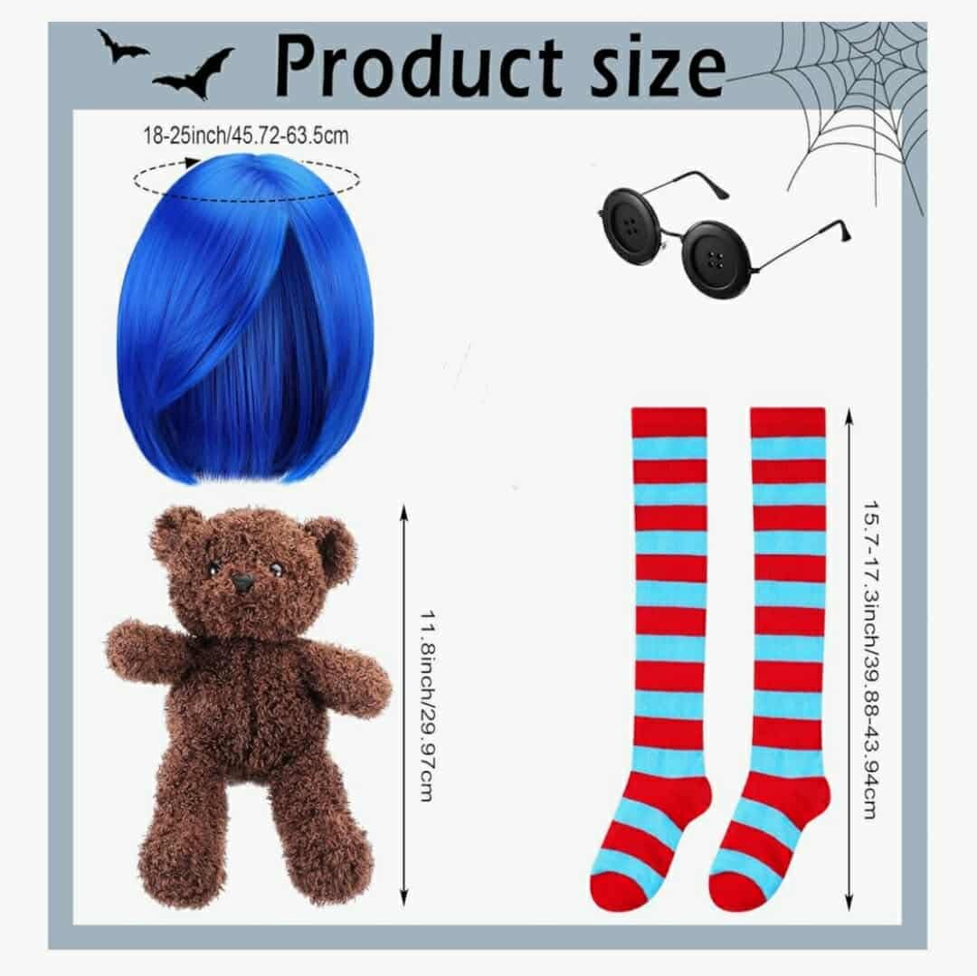 5 Pcs Women Cosplay Wig Blue Short Straight Hair Wig Red Blue Stocking Bear Doll Button Glasses, Coraline Jones - Image 4