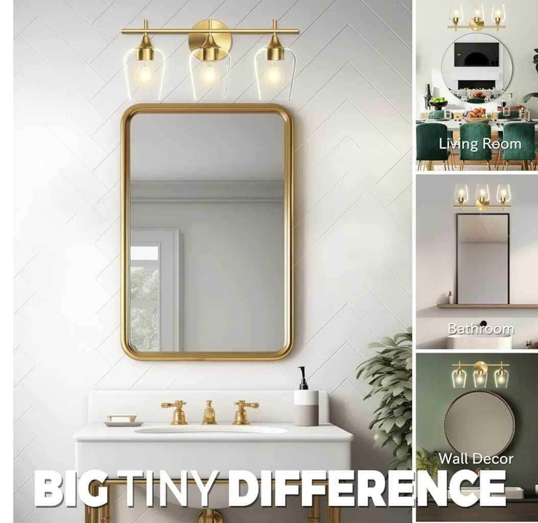 3 Light Vanity Lighting Champagne Brass, Modern Wall Mount Lighting with Glass Shade - Image 10
