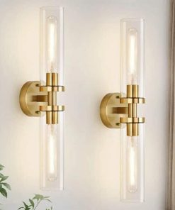 Set of Two, Hardwired Brushed Gold Bathroom Sconces Wall Lighting with Clear Glass, Modern Sconces