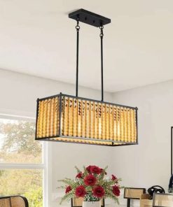 4-Light Bohemian Wood Beaded Chandelier Rectangular Pendant Lighting Boho