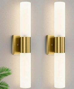 2pk Kalium Bathroom Wall Sconces Set of Two, 21 Inch Modern Vanity Lights with Frosted Glass Shade, Brushed Gold