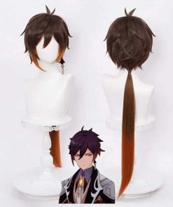 Brown Wig for Zhongli Cosplay Costume Anime Spiky Fluffy Cosplay Hair Wigs with Ponytails + Cap Long