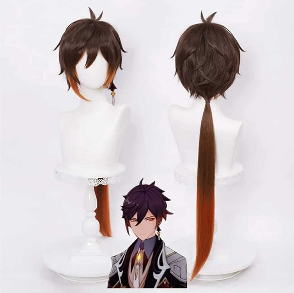 Brown Wig for Zhongli Cosplay Costume Anime Spiky Fluffy Cosplay Hair Wigs with Ponytails + Cap Long