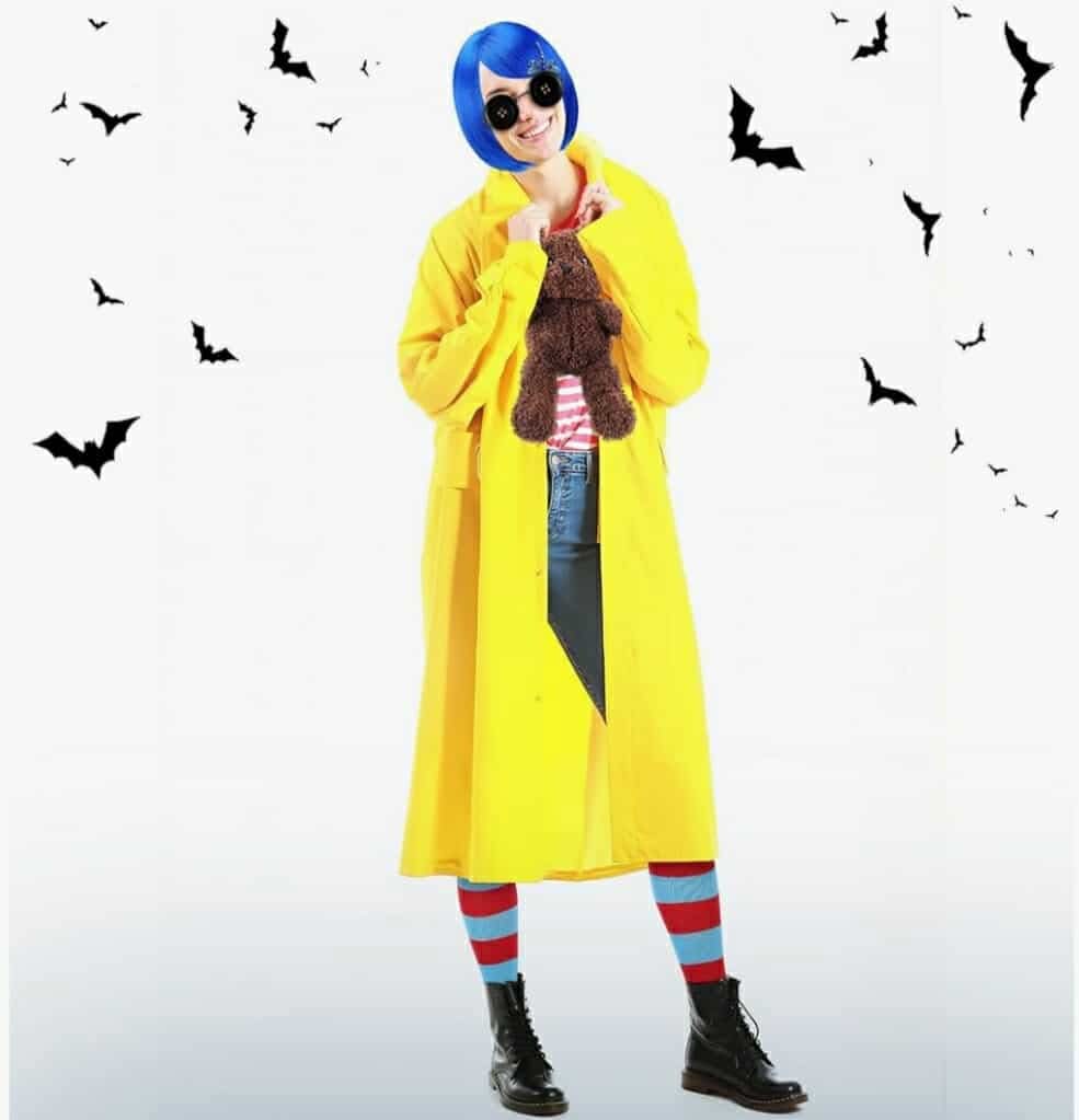 5 Pcs Women Cosplay Wig Blue Short Straight Hair Wig Red Blue Stocking Bear Doll Button Glasses, Coraline Jones - Image 7