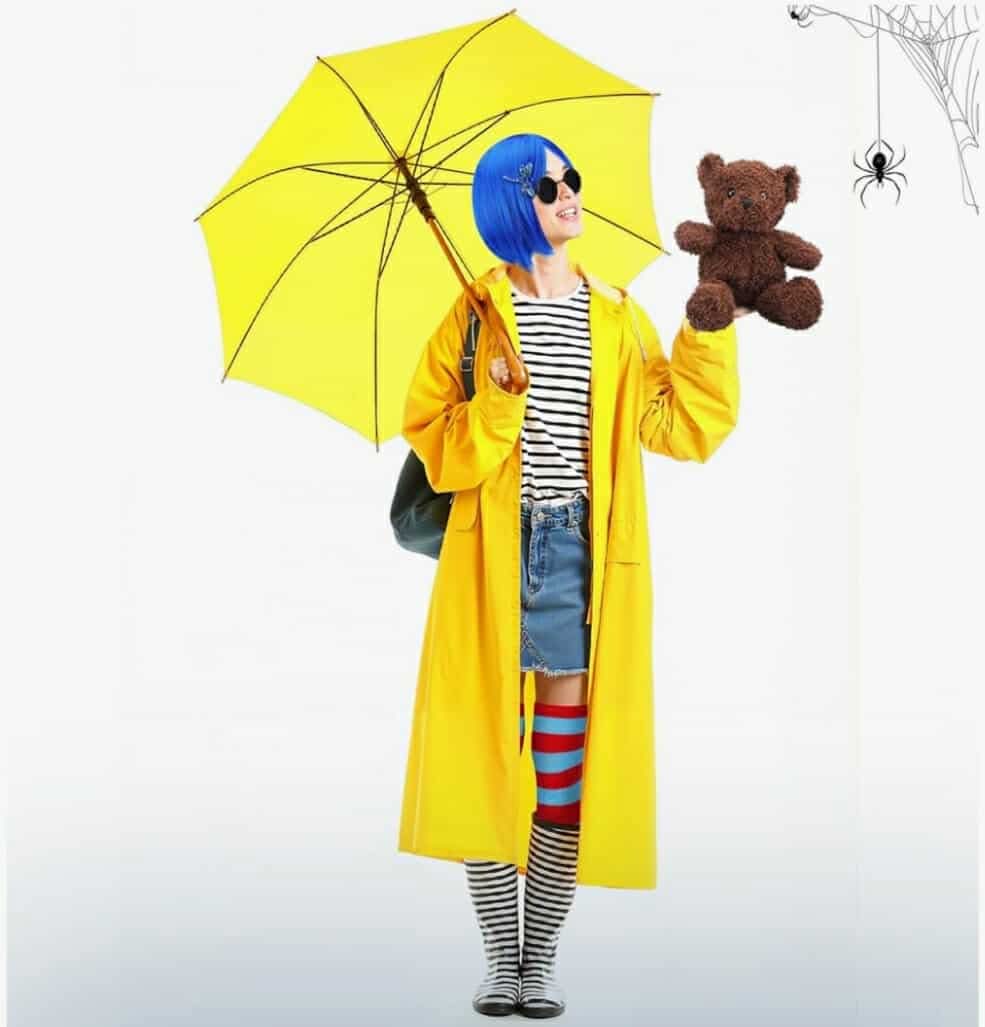 5 Pcs Women Cosplay Wig Blue Short Straight Hair Wig Red Blue Stocking Bear Doll Button Glasses, Coraline Jones - Image 6