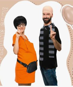 Halloween Criminal Couple Costume Accessories Include Short Mushroom Wig Inflatable Fake Belly Black Fanny Pack Square Glasses Gray Striped Scarf Bald Cap for Halloween Party Cosplay