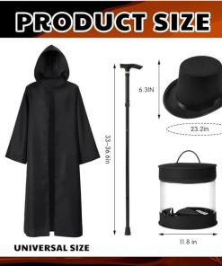 Alternative view of 4pcs Halloween Adult Ghost Costume Cosplay for Men Full Set Haunted Hat Costume Outfits with Black Cape, Black Magician Hat, Large Felt Box, Cane for Outfit Party
