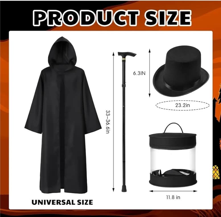 4pcs Halloween Adult Ghost Costume Cosplay for Men Full Set Haunted Hat Costume Outfits with Black Cape, Black Magician Hat, Large Felt Box, Cane for Outfit Party - Image 2