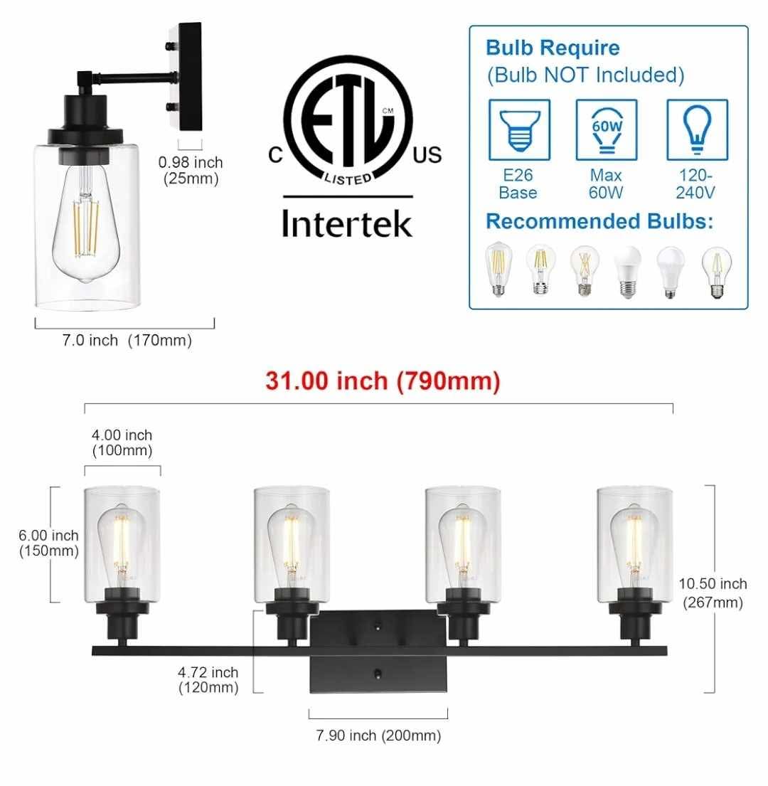 MELUCEE 4 Lights Sconces Wall Lighting Black with Clear Glass Shade, Black - Image 7