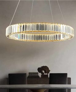 Gold Crystal Chandeliers Dimmable LED Chandelier with Remote Control, 20in Ring Pendant