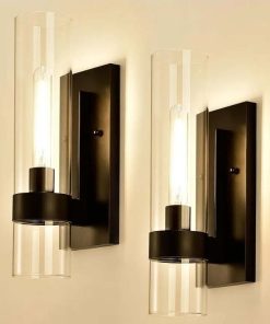Indoor Wall Sconces Set of Two, Modern Black Bathroom Sconces Wall Decor with Cylinder Glass