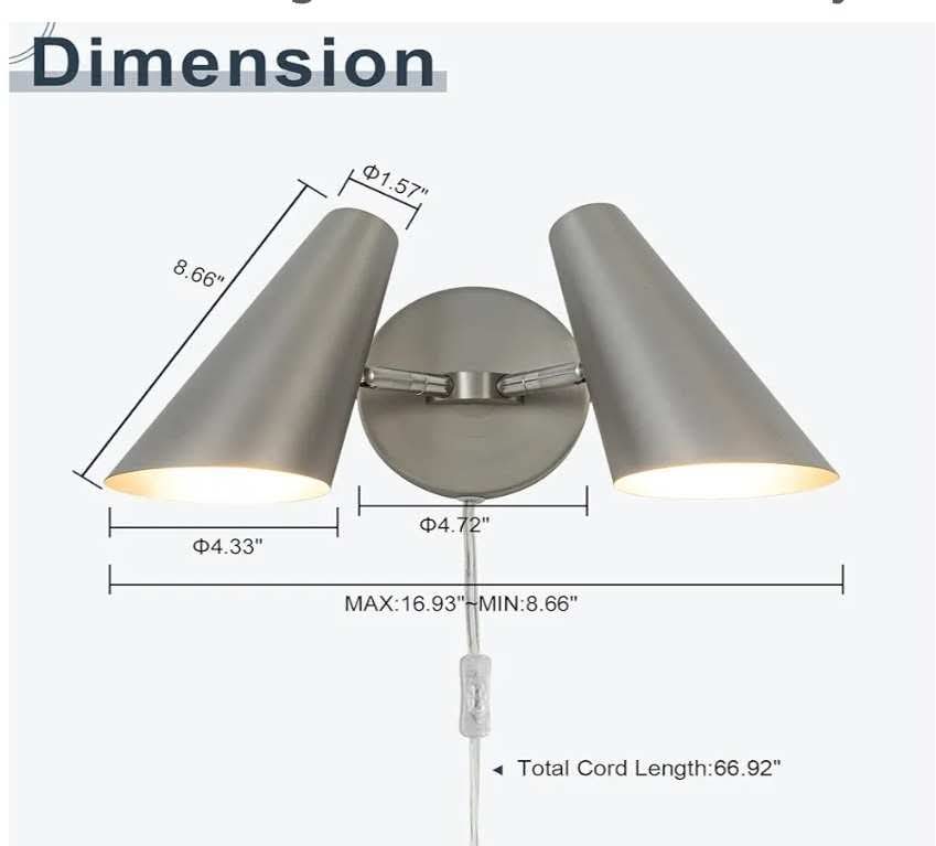 2-Light Plug in Wall Sconce, Brushed Nickel Modern Vanity Light Wall Lamp - Image 4