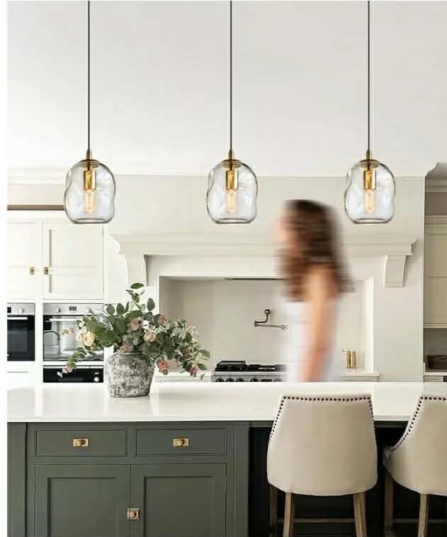 CASAMOTION 8in Modern Glass Pendant Light Kitchen Island Brass Gold Organic Globe Hanging Industrial Contemporary Style - Image 4