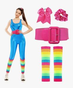 Women Doll Costume Accessories Set Unitard 80's Party Knit Leg Warmer, Patent Leather Belt, Bow Hair Tie, XL