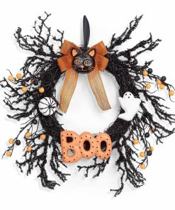 Halloween Wreaths for Front Door, 18Inch Halloween Wreath with Black Cat Boo Sign White Pumpkin and Ghost for Indoor Outdoor Window Proch Halloween Decoration