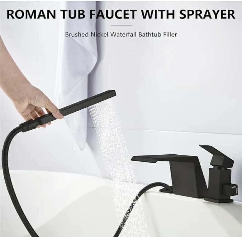 Black Roman Tub Faucet with Sprayer, Deck Mount Roman Bathtub Faucet Set with Hand Shower for 3 Holes - Image 6