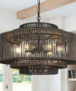 24" Rattan Pendant Light 6-Light Black Rattan Chandelier Lights Fixture 3-Tier Hand-Woven Rattans Chandelier Wicker