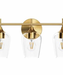 3 Light Vanity Lighting Champagne Brass, Modern Wall Mount Lighting with Glass Shade