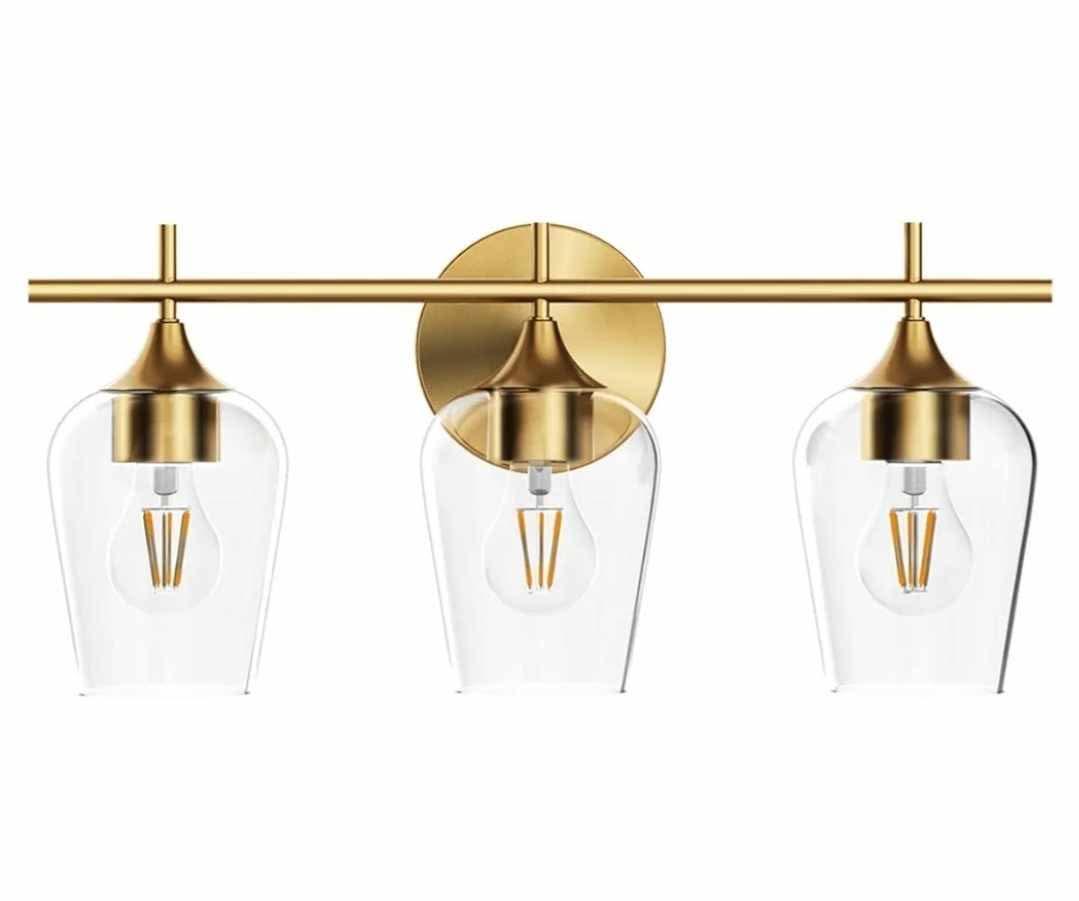 3 Light Vanity Lighting Champagne Brass, Modern Wall Mount Lighting with Glass Shade
