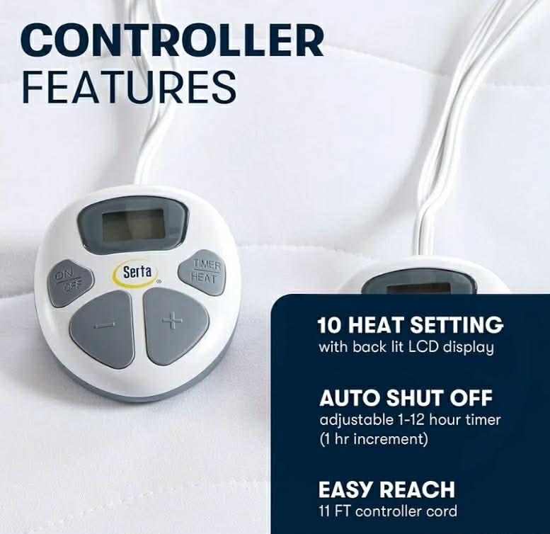 Serta Heated Mattress Pad Queen Size - Electric Mattress Pad, 10 Heat Setting Controller, Auto Shut Off Timer, Deep Elastic Pocket, Up to 17" Mattress, ETL Certified, Machine Wash, Queen, White - Image 3